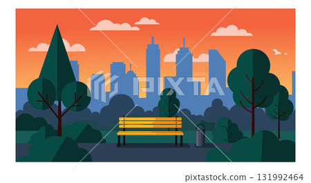 Urban park bench with city skyline and sunset sky in orange and blue colors vector illustration Urban park bench with city skyline and sunset sky in orange and blue colors vector illustration 131992464