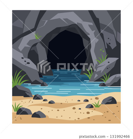 Rocky cave entrance with sandy beach and water landscape illustration vector Rocky cave entrance with sandy beach and water landscape illustration vector 131992466