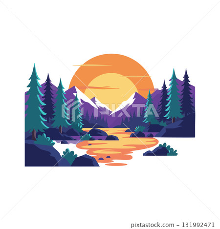 Mountain landscape with sunset over river and pine trees natural scenery vector illustration 131992471