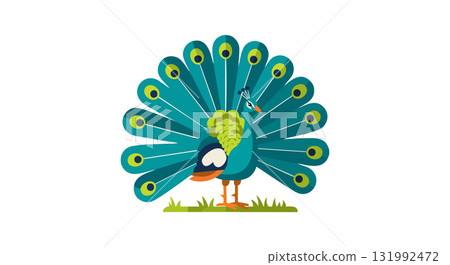 Peacock with Fully Spread Colorful Tail Feathers Standing on Grass Vector Illustration 131992472