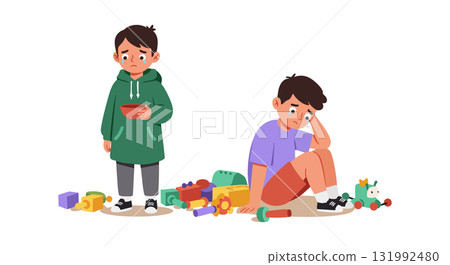 Two Boys Feeling Sad Surrounded by Scattered Toys in Casual Clothes Vector Illustration Two Boys Feeling Sad Surrounded by Scattered Toys in Casual Clothes Vector Illustration 131992480