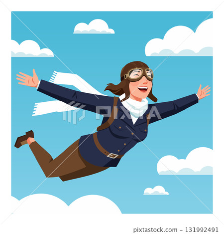 Woman Aviator Flying with Scarf and Goggles in Blue Sky Vector Illustration 131992491