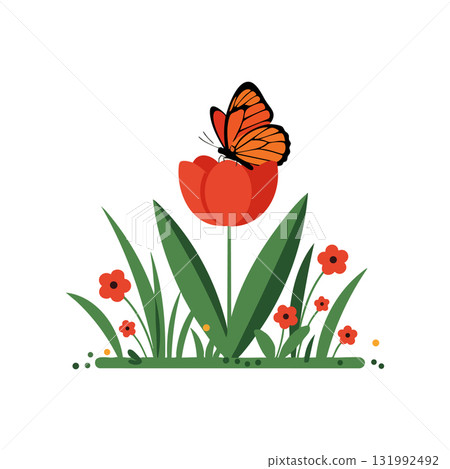 Butterfly perched on red tulip with surrounding small flowers and green leaves vector illustration 131992492