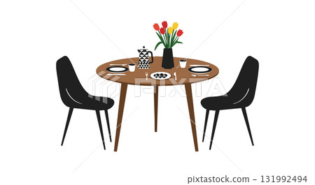 Dining table with black chairs and colorful flowers centerpiece vector illustration 131992494