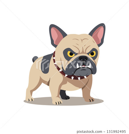 Angry bulldog dog standing with spiked collar vector illustration in beige and black colors Angry bulldog dog standing with spiked collar vector illustration in beige and black colors 131992495