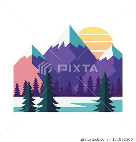 Mountain landscape with pine trees sunset illustration in purple and yellow vector art Mountain landscape with pine trees sunset illustration in purple and yellow vector art 131992500