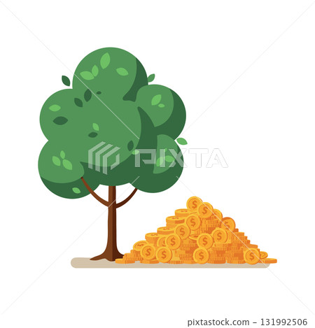 Money tree with green leaves and pile of gold coins financial growth concept vector illustration Money tree with green leaves and pile of gold coins financial growth concept vector illustration 131992506