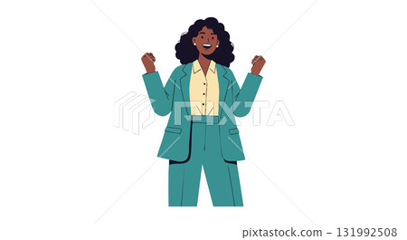 Confident businesswoman in teal suit celebrating success with raised fists vector illustration Confident businesswoman in teal suit celebrating success with raised fists vector illustration 131992508