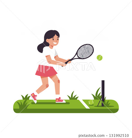 Girl Playing Tennis with Racket on Grass Court Vector Illustration in Sport Activity 131992510