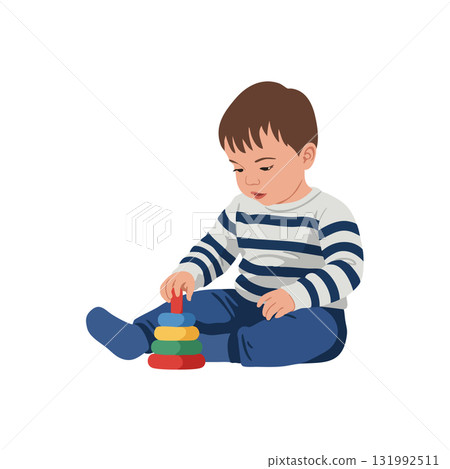 Baby boy playing with colorful stacking rings toy sitting on floor in casual clothes vector illustration Baby boy playing with colorful stacking rings toy sitting on floor in casual clothes vector illustration 131992511