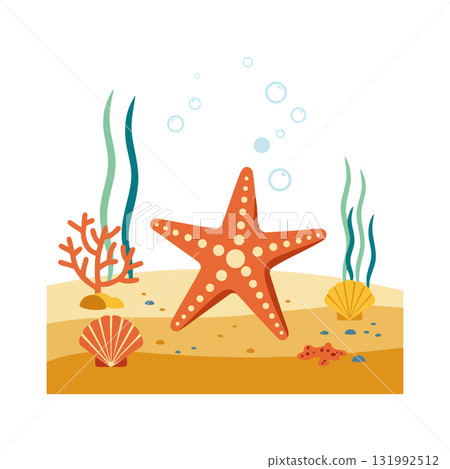 Starfish on sandy sea bottom with shells coral and seaweed underwater scene vector illustration 131992512