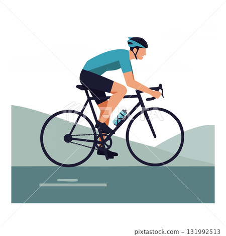 Male cyclist riding road bike on landscape with helmet and water bottle vector illustration Male cyclist riding road bike on landscape with helmet and water bottle vector illustration 131992513