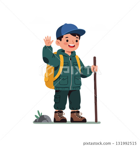 Boy Hiking with Walking Stick Wearing Blue Cap and Yellow Backpack Outdoors Vector 131992515