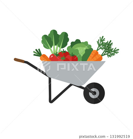 Wheelbarrow filled with fresh vegetables including tomatoes carrots and leafy greens vector illustration Wheelbarrow filled with fresh vegetables including tomatoes carrots and leafy greens vector illustration 131992519