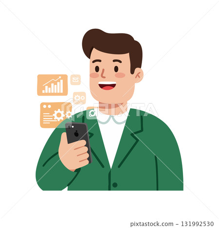Young man using smartphone with business analytics icons in green suit vector illustration Young man using smartphone with business analytics icons in green suit vector illustration 131992530