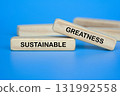 Wooden block on blue background showing SUSTAINABLE GREATNESS text for long-term stability 131992558