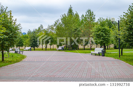 Empty alley in urban park with white benches Empty alley in urban park with white benches 131992738