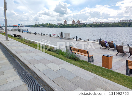 Northern River Station waterfront Moscow benches and river view Northern River Station waterfront Moscow benches and river view 131992763