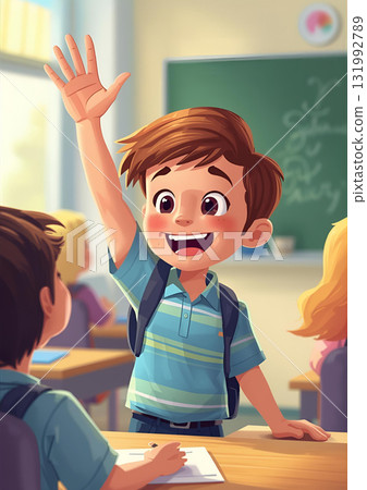 Boy raising his hand in the classroom 131992789