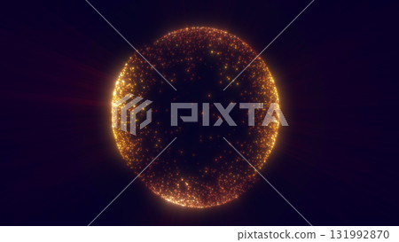 Radiant golden sphere made of glowing particles forming a shimmering cosmic globe in darkness Radiant golden sphere made of glowing particles forming a shimmering cosmic globe in darkness 131992870
