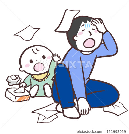 嬰兒亂丟紙巾和陷入困境的男人的插圖 嬰兒亂丟紙巾和陷入困境的男人的插圖 131992939