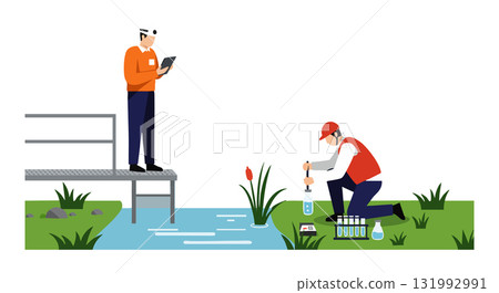 Environmental Scientists Collecting Water Samples for Testing in Outdoor River Setting 131992991