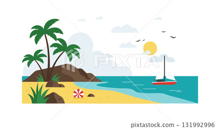 Tropical beach coastline with palm trees sailboat and calm sea landscape vector illustration 131992996