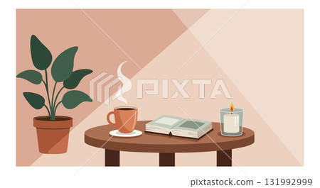 Cozy indoor scene with green plant, steaming coffee cup, book, and lit candle on wooden table Cozy indoor scene with green plant, steaming coffee cup, book, and lit candle on wooden table 131992999