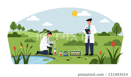Scientists conducting outdoor environmental research with test tubes and samples in green field vector illustration 131993014