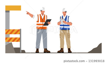 Construction workers discussing project plans on site with safety vest and helmet vector illustration Construction workers discussing project plans on site with safety vest and helmet vector illustration 131993018