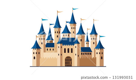 Medieval castle with blue turrets and flags vector illustration in flat design style 131993031