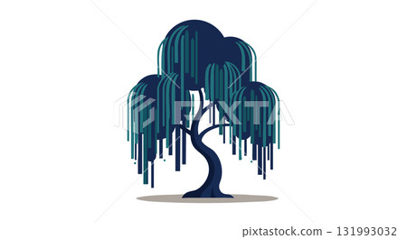 Willow tree with hanging branches vector illustration in blue and dark tones 131993032