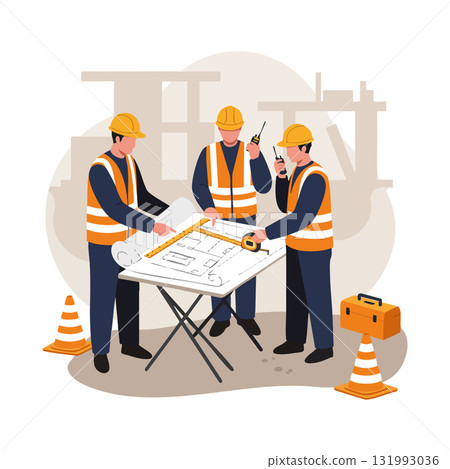 Construction workers collaborating on building blueprint with safety gear and tools vector illustration Construction workers collaborating on building blueprint with safety gear and tools vector illustration 131993036