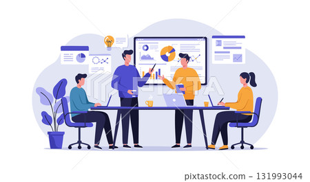 Business meeting with diverse team discussing data charts and laptop collaboration vector illustration 131993044