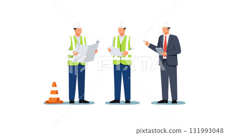 Construction workers and manager discussing site plans with safety cone vector illustration 131993048