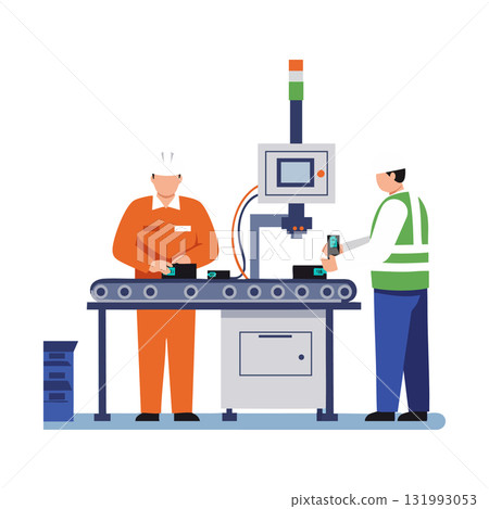 Factory workers operating automated machine on conveyor belt in industrial production line vector illustration Factory workers operating automated machine on conveyor belt in industrial production line vector illustration 131993053