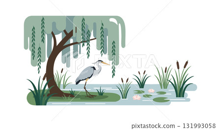 Heron Bird Standing Near Pond with Willow Tree and Water Lilies Vector Illustration Heron Bird Standing Near Pond with Willow Tree and Water Lilies Vector Illustration 131993058