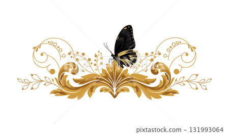 Decorative golden floral ornament with black butterfly vector illustration for design and decoration 131993064