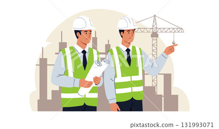 Construction Engineers in Safety Vests Inspecting Building Site with Crane Background Construction Engineers in Safety Vests Inspecting Building Site with Crane Background 131993071