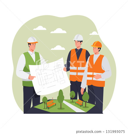 Construction workers examining blueprint plan for urban park development vector illustration 131993075