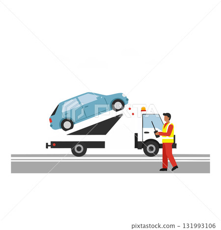 Tow truck lifting blue car with operator in safety vest roadside scene vector illustration Tow truck lifting blue car with operator in safety vest roadside scene vector illustration 131993106
