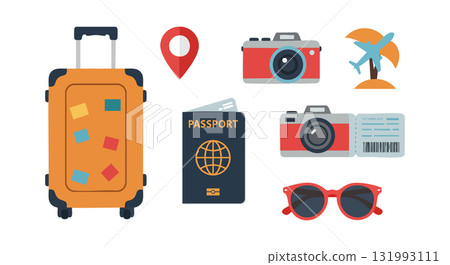 Travel essentials suitcase passport camera sunglasses and map pin vector illustration 131993111