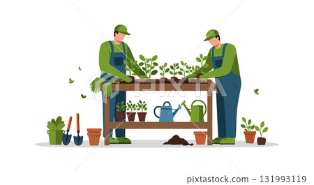 Gardeners Growing Plants Caring for Greenery in Outdoor Garden Vector Illustration Gardeners Growing Plants Caring for Greenery in Outdoor Garden Vector Illustration 131993119
