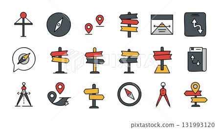 Directional arrows and compass navigation vector icons set in flat style Directional arrows and compass navigation vector icons set in flat style 131993120