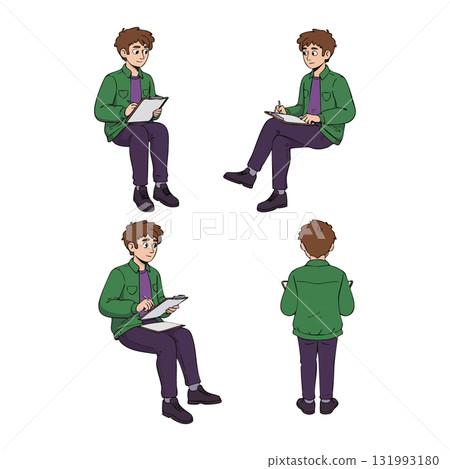 Young man sketching on paper in various sitting and standing positions digital illustration vector Young man sketching on paper in various sitting and standing positions digital illustration vector 131993180