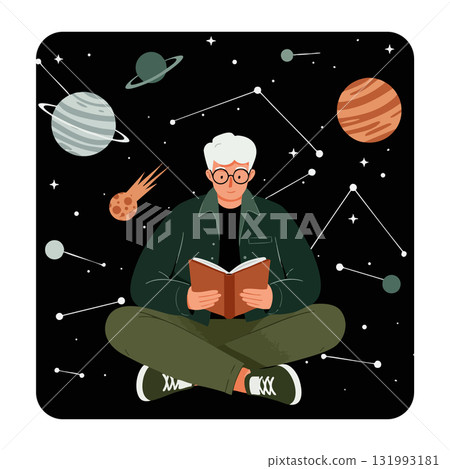 Elderly man reading book about planets and constellations in space vector illustration 131993181