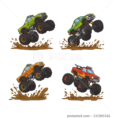 Monster trucks jumping and splashing mud in dynamic action vector illustrations set 131993182