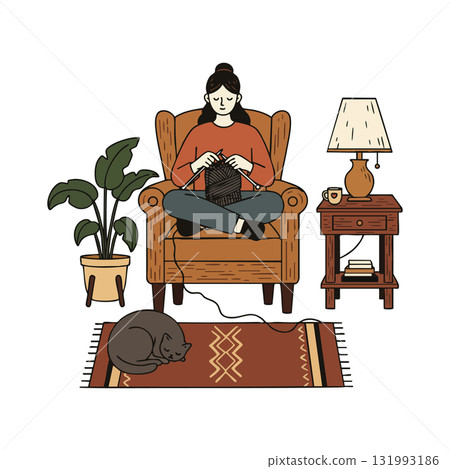 Woman knitting in cozy armchair with cat sleeping on rug and warm lamp light Woman knitting in cozy armchair with cat sleeping on rug and warm lamp light 131993186
