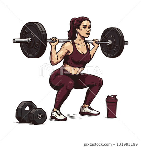 Woman performing barbell squat exercise with dumbbells and shaker bottle vector illustration Woman performing barbell squat exercise with dumbbells and shaker bottle vector illustration 131993189