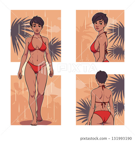 Woman with short hair wearing red bikini front side and back views vector illustration 131993190